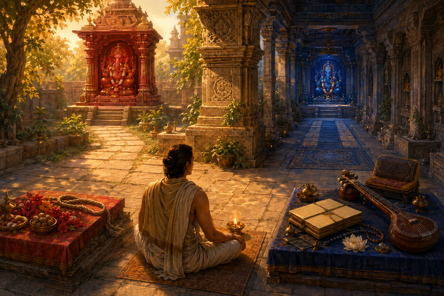 A seated devotee considers a short sunlit path to a red Ganesha shrine and a longer cloistered path to a blue Ganesha shrine.
