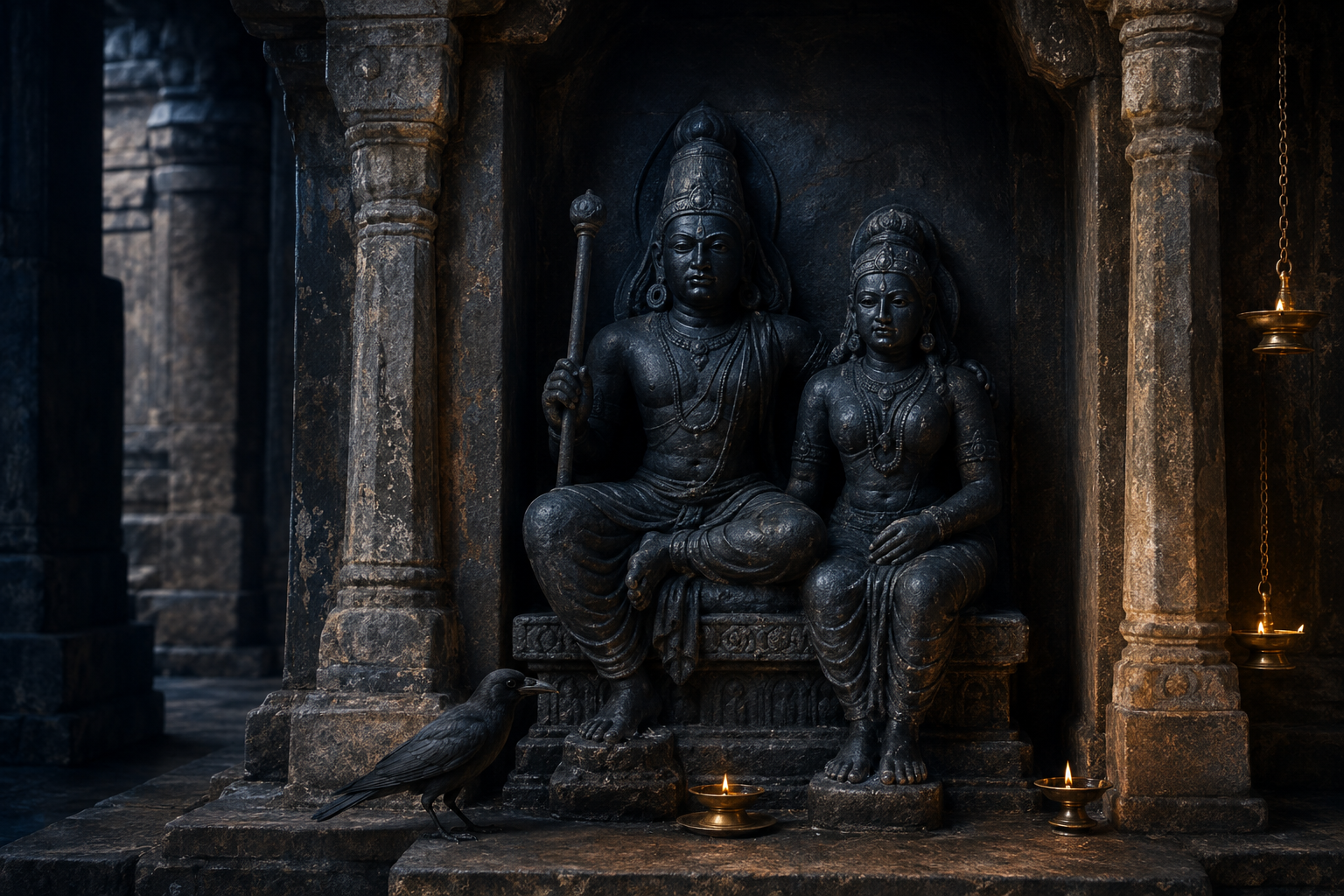 Dark stone temple icon of Shani seated beside a female figure, with a crow near the pedestal and oil lamps illuminating the shrine.