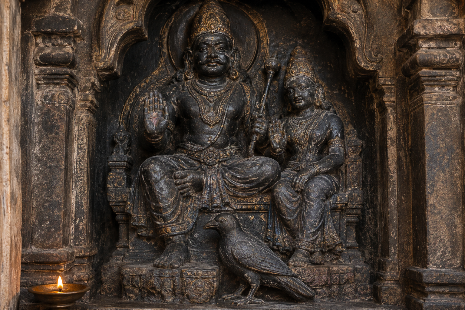 Close view of a weathered dark stone divine pair, showing their gestures, ornaments, shared pedestal, and a crow carved near the base.
