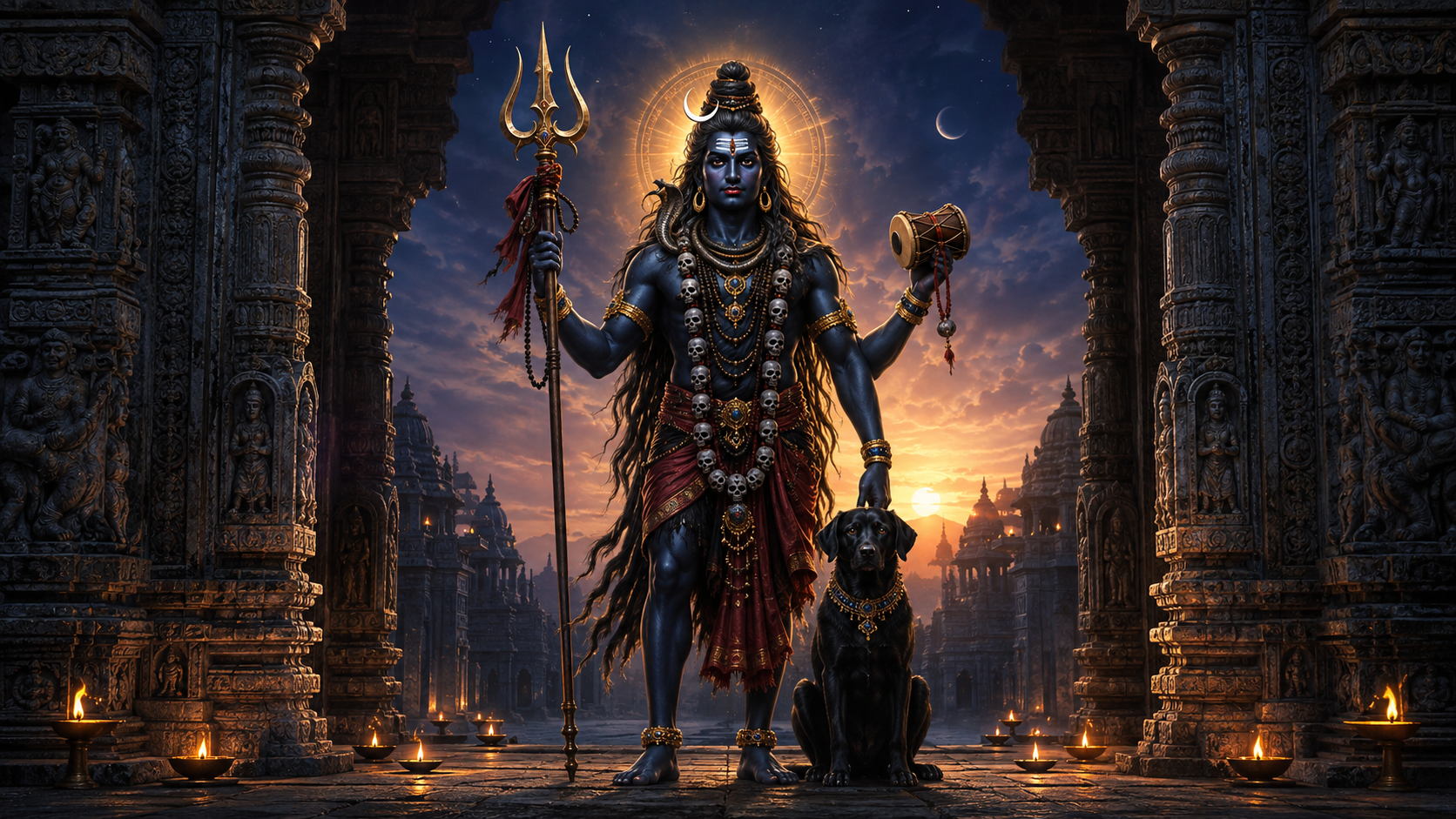 Kalabhairava stands with a trident and drum in a lamp-lit stone temple gateway, accompanied by a black dog at dawn.