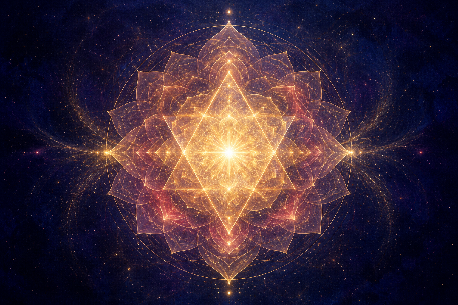 A golden central light illuminates interlocking translucent triangles and lotus-like forms against a deep indigo background.