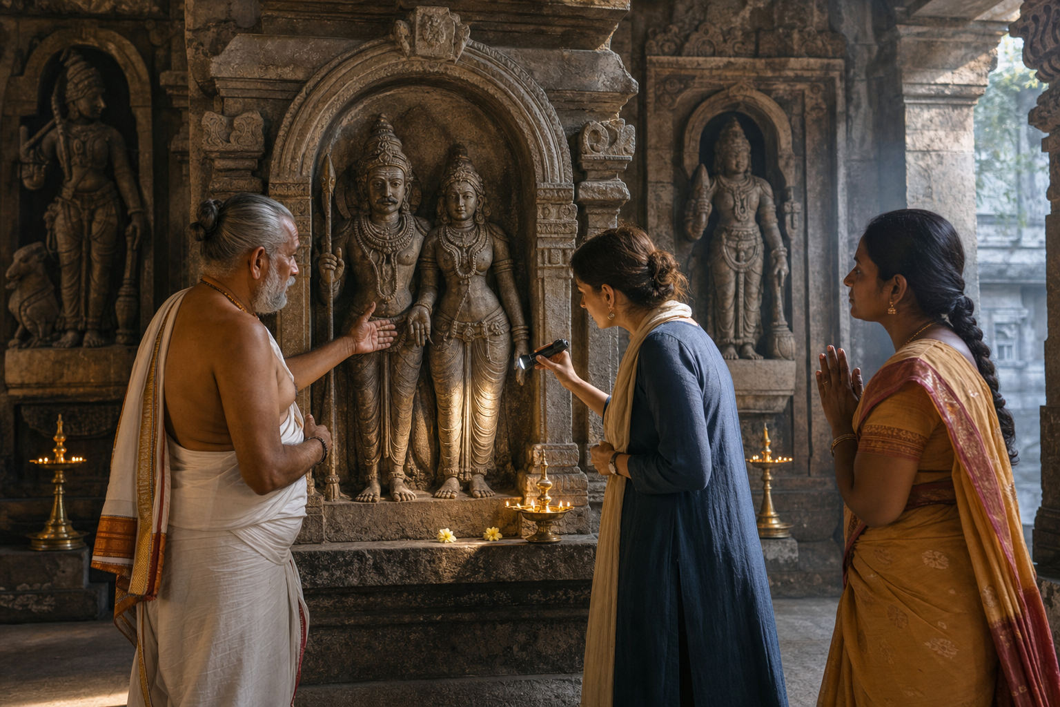 A priest, an art historian, and a devotee examine a paired stone temple icon while related sculptures appear in nearby niches.