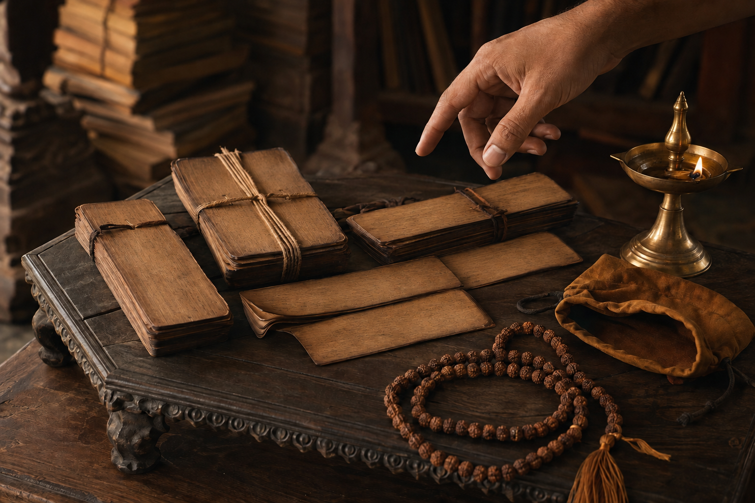 Several palm-leaf manuscript bundles, a rudraksha mala and a brass lamp are arranged on a wooden stand as a hand compares the sources.