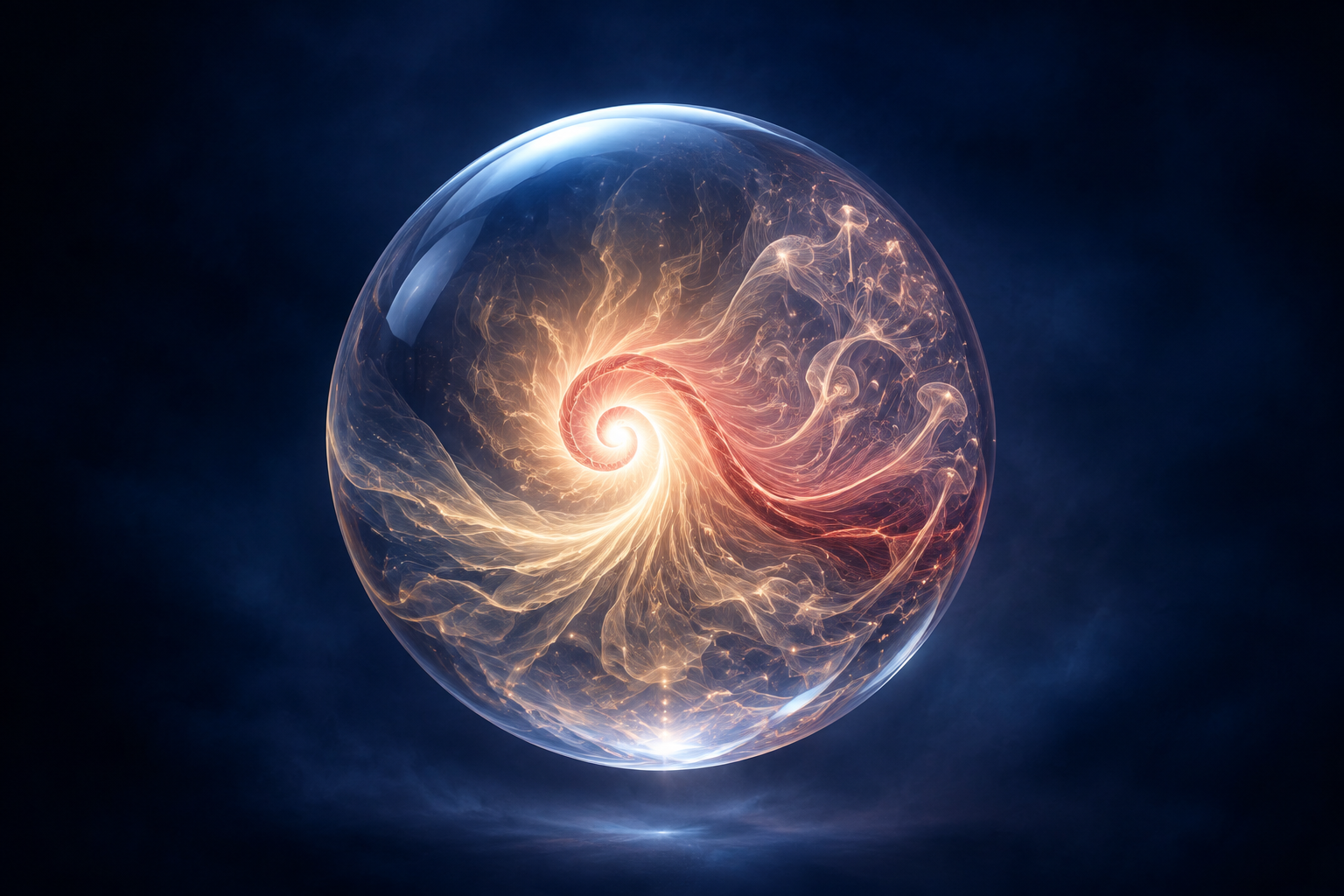A glowing crystal sphere contains a crimson spiral that turns inward and expands outward as luminous waves.