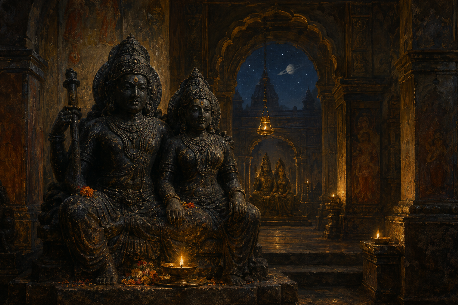 A temple sculpture of Shani and a female companion is framed by receding arches, with Saturn faintly visible in the night sky beyond.