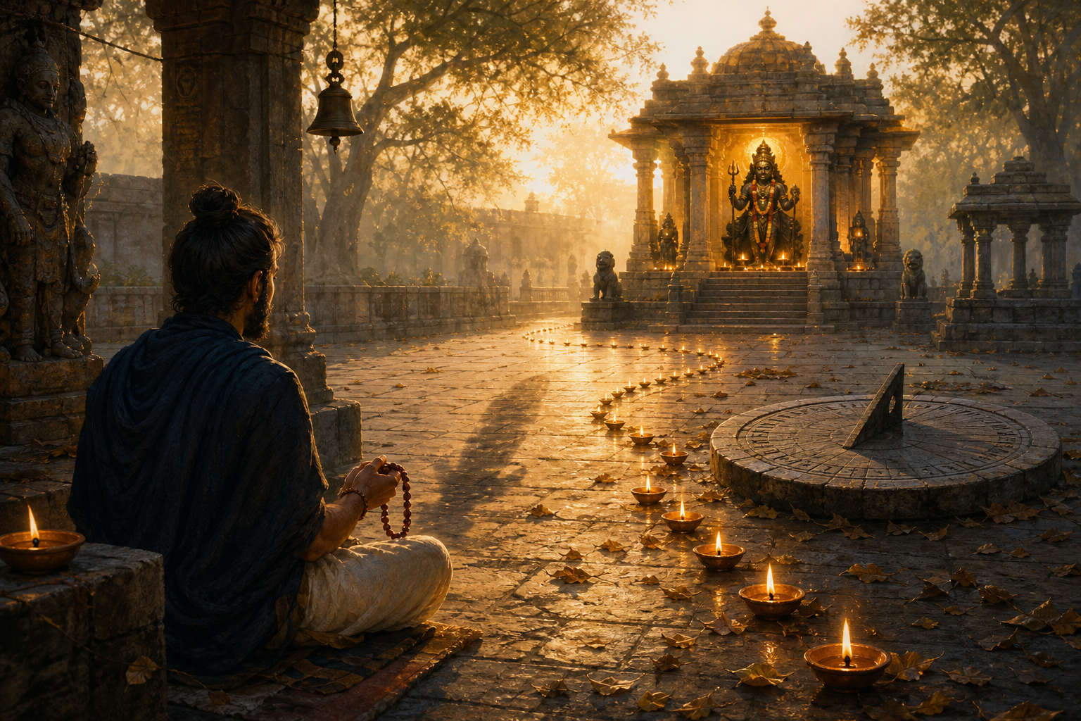 A devotee with prayer beads faces a distant shrine across a temple courtyard where a fading shadow, fallen leaves and a stone sundial evoke fear and passing time.
