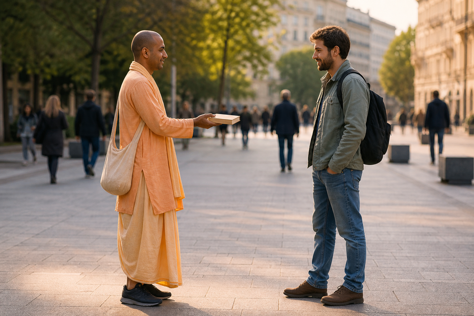 A volunteer offers an unmarked book on an open palm to a passerby during a calm conversation in a pedestrian plaza.