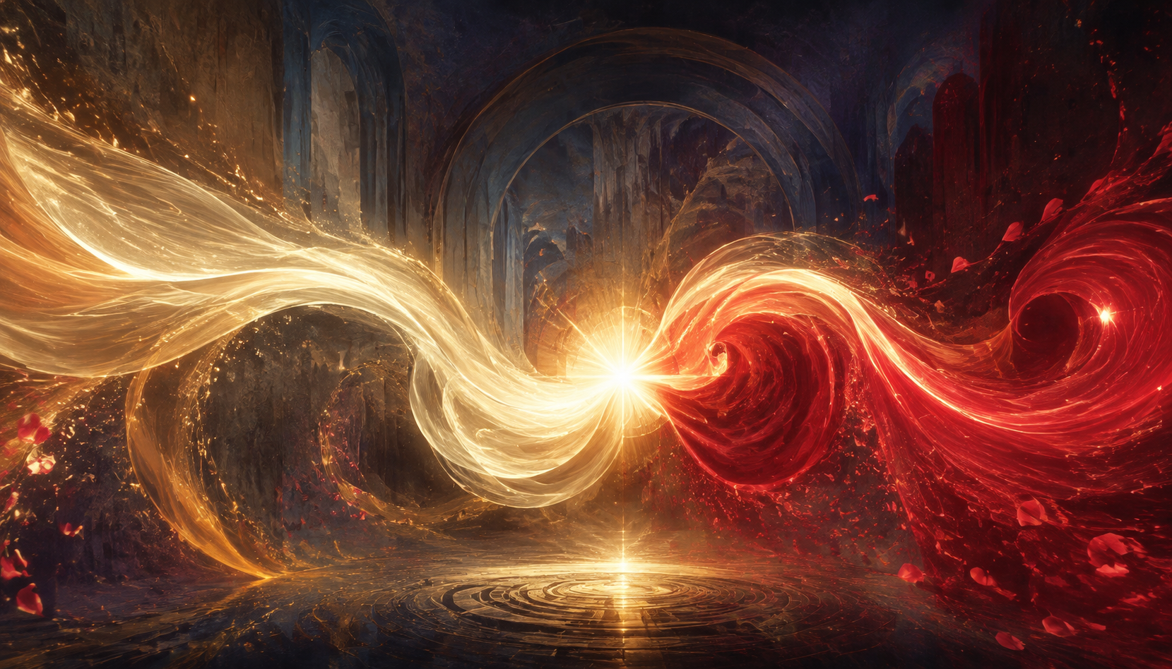 A continuous white-gold and crimson ribbon of light forms waves and petals around a shared radiant center.