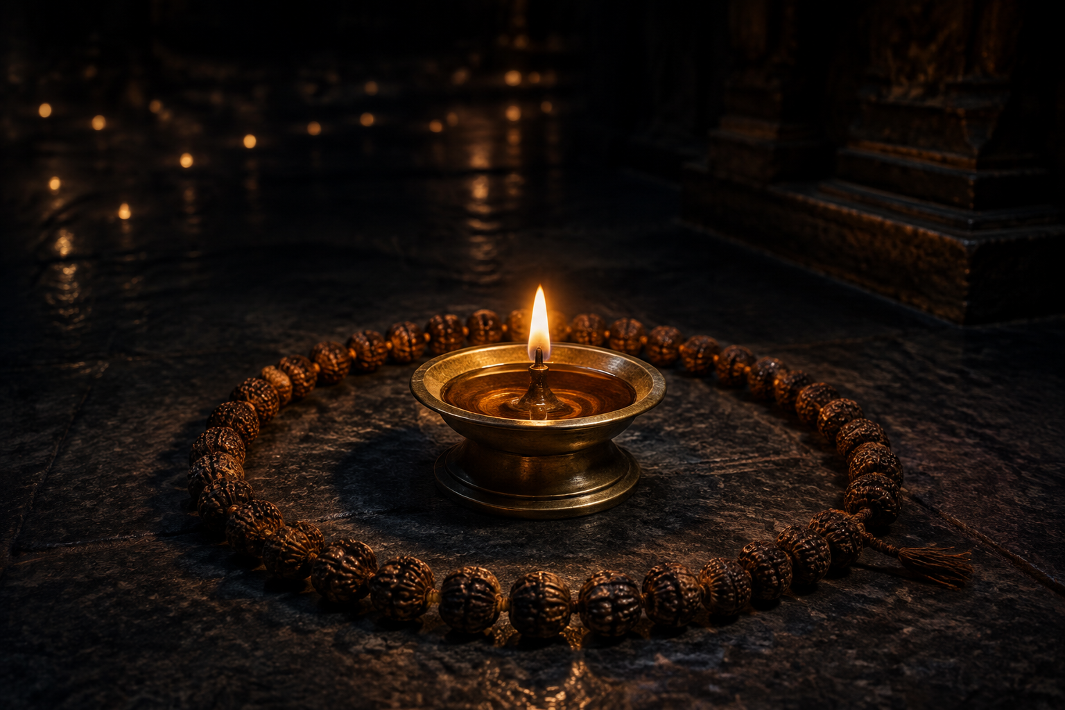 A rudraksha mala circles a single burning oil lamp while many soft reflections recede across a dark stone floor.
