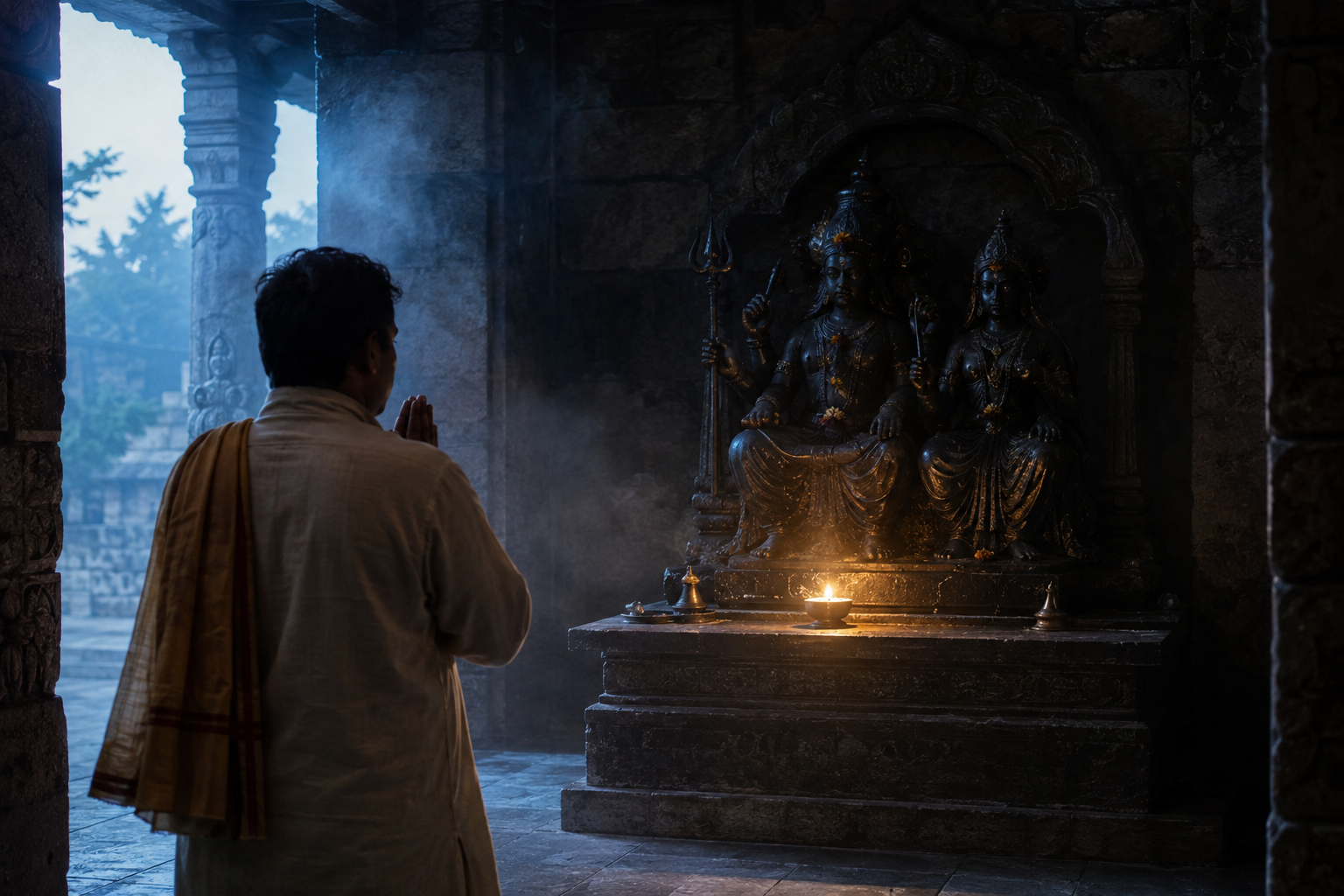 A devotee with folded hands views a dark stone shrine of Shani and a female figure in soft oil-lamp and morning light.
