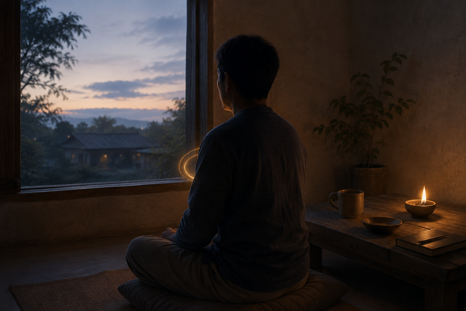 A seated person contemplates beside a dawn window and clay lamp as a subtle warm glow fills the room.