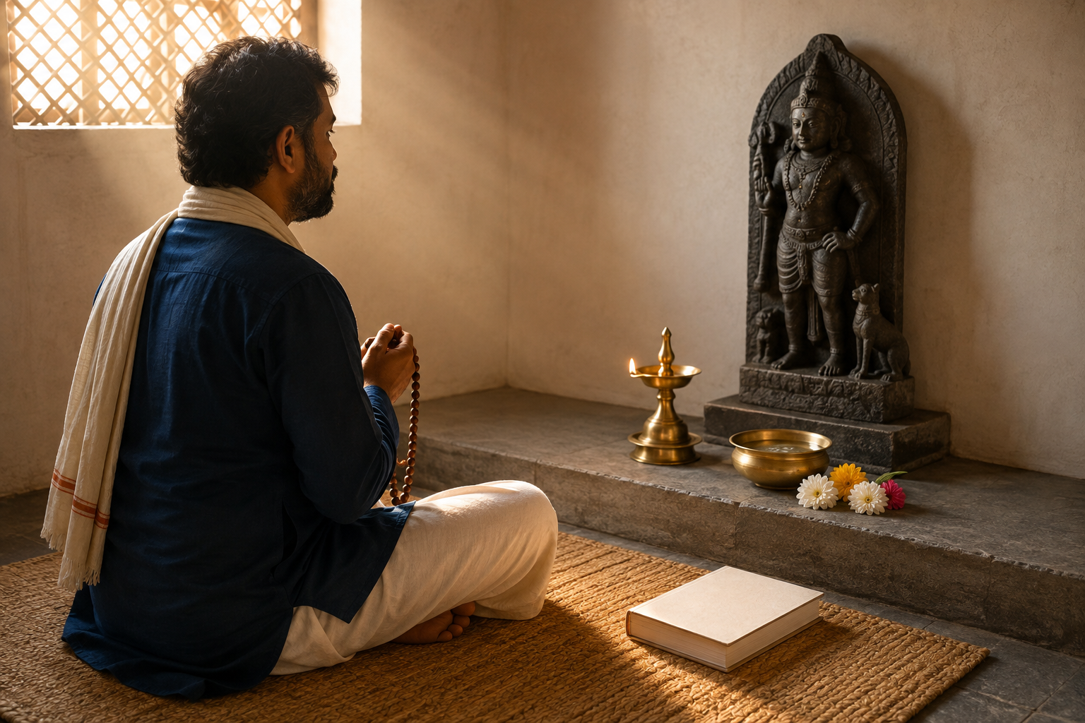 A seated practitioner holds prayer beads before a small Kalabhairava altar with an oil lamp, water bowl and fresh flowers at dawn.