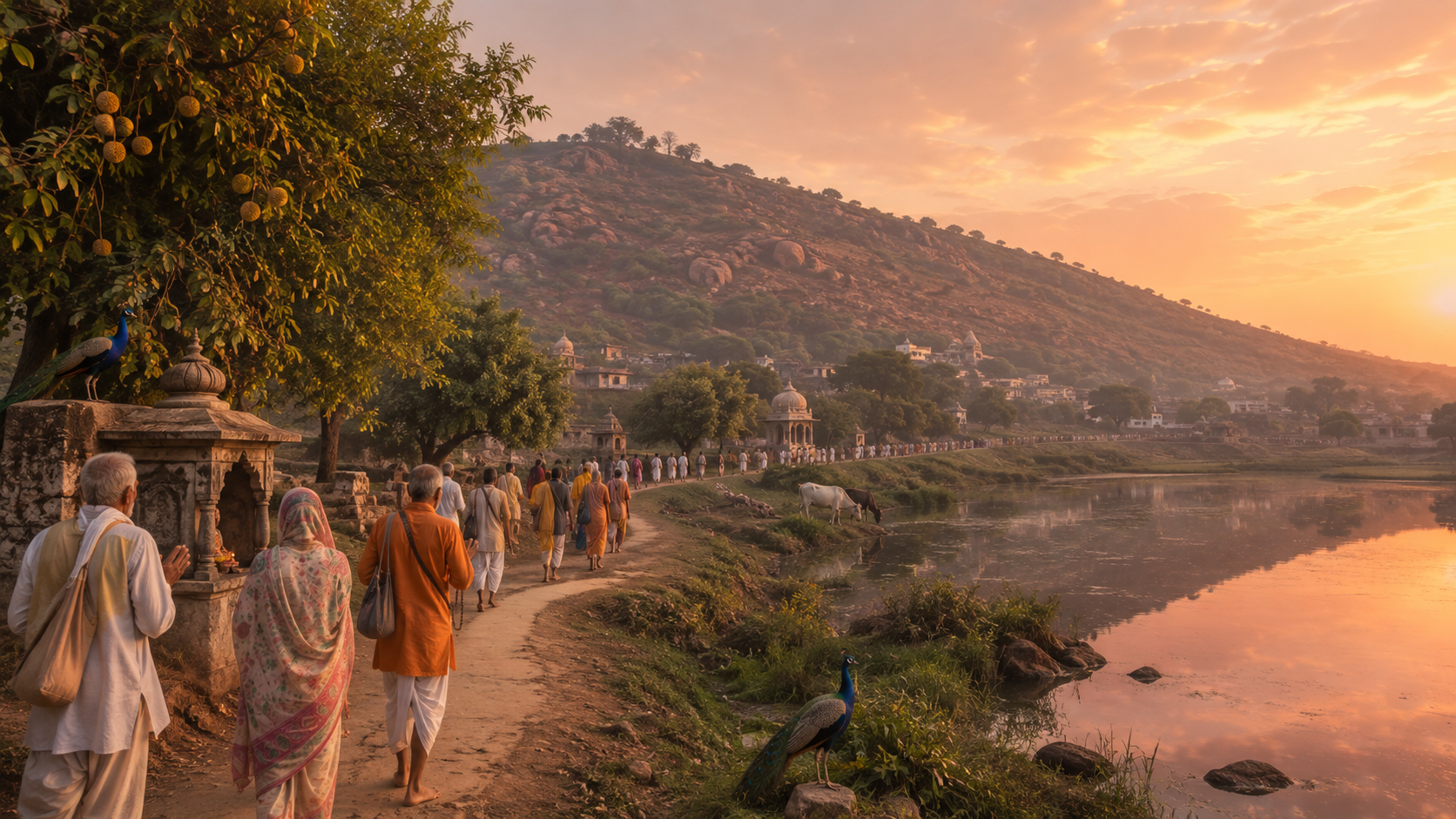 Pilgrims walk at dawn along a curving path beside the low Govardhan Hill, with a reflective kund, trees, cows, peacocks and distant temple silhouettes.