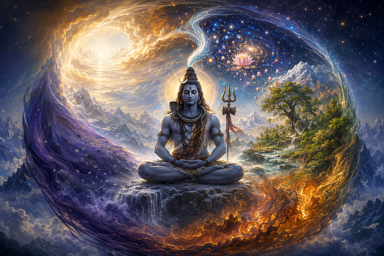 Shiva meditates at the center of a circular cosmic scene that moves from emergence and flourishing life through flame and mist into radiant light.