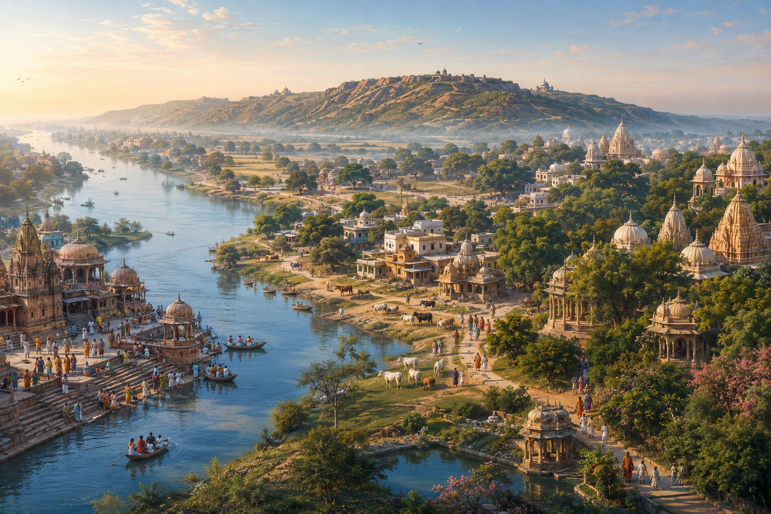 An elevated panorama links the Yamuna ghats, a pastoral settlement, Govardhan Hill, sacred ponds and temple groves through paths traveled by pilgrims.