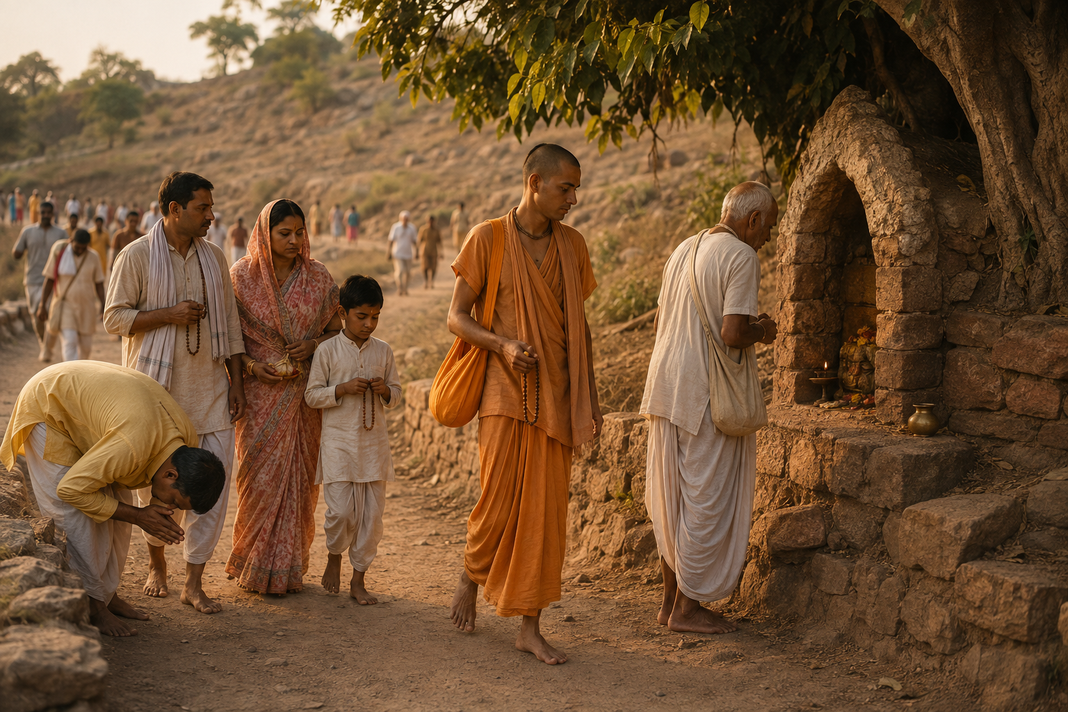 Barefoot pilgrims of different ages walk and pray beside Govardhan Hill, with one person bowing near a small shaded shrine.