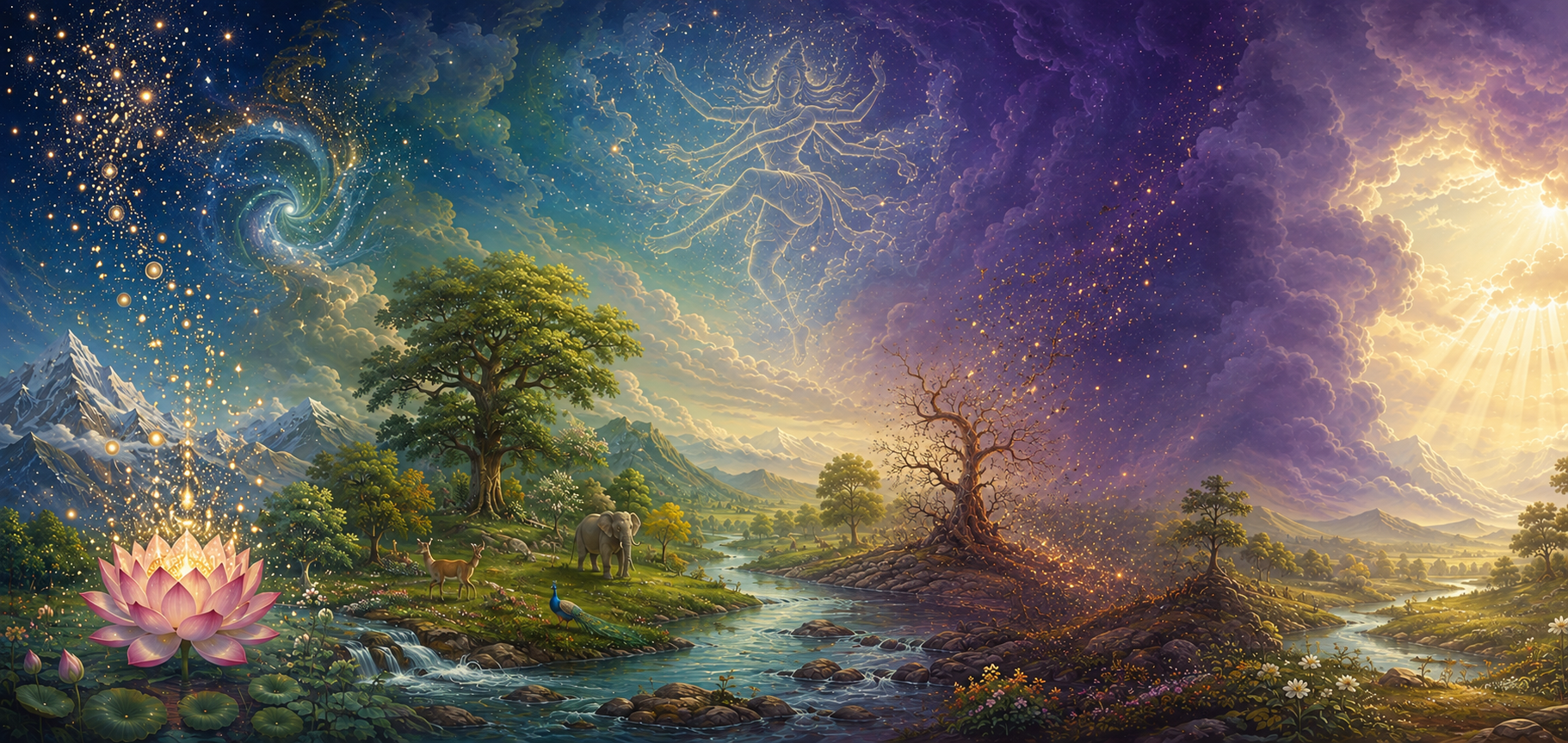 A continuous cosmic landscape moves through emergence, flourishing life, dissolution, obscuring cloud, and an opening of golden light beneath a subtle dancing form of Shiva.