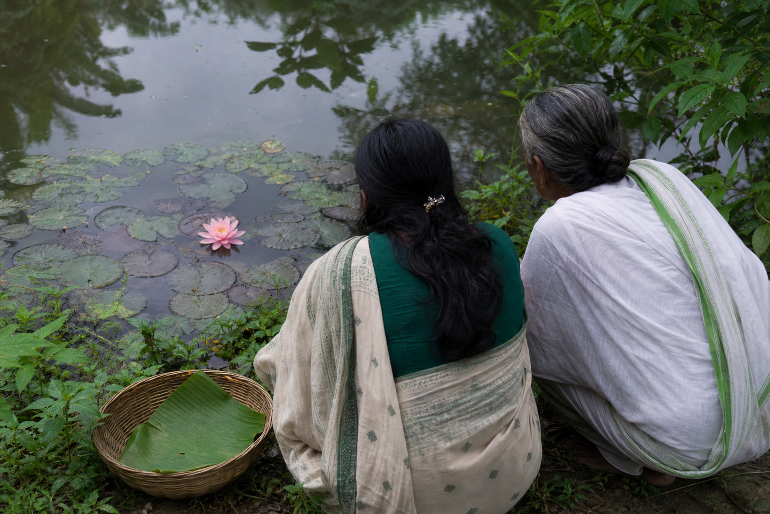 An older and a younger person observe a pink shaluk water lily at the edge of a green Bengal pond beside an empty woven basket.