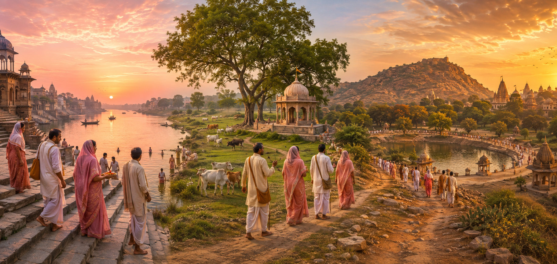 A continuous panorama follows pilgrims from sunrise prayer at Yamuna ghats through a pastoral riverside settlement to an evening circuit beside Govardhan Hill and a sacred pond.
