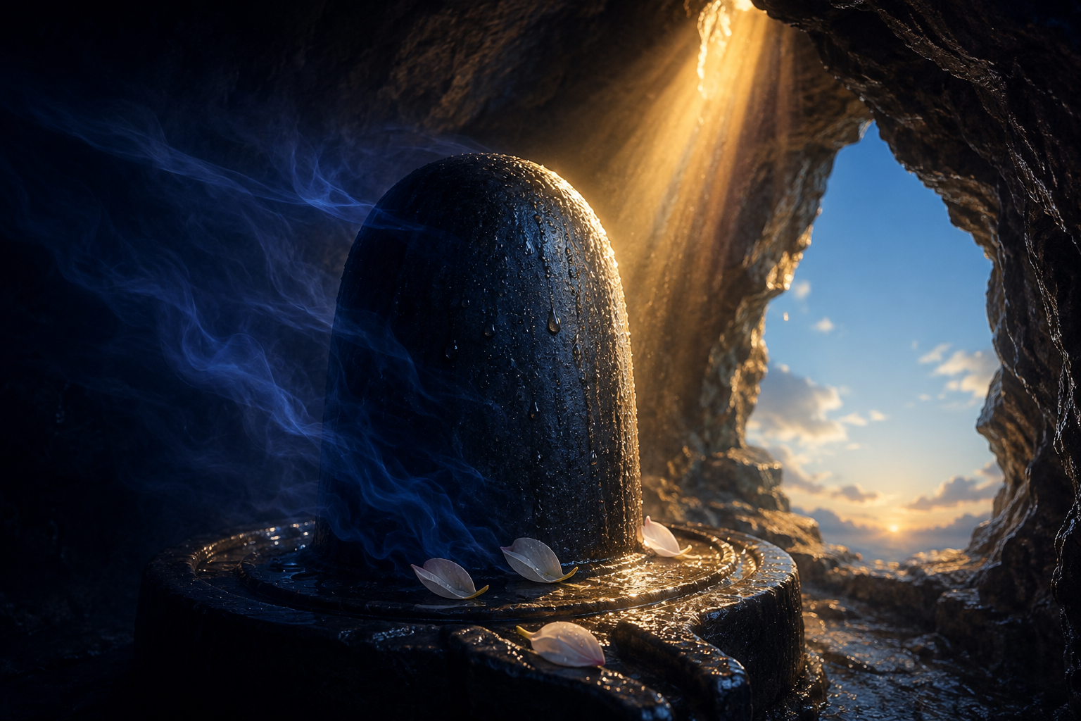An indigo veil of mist partly obscures a stone linga in a cave while a beam of dawn light reveals the same form.