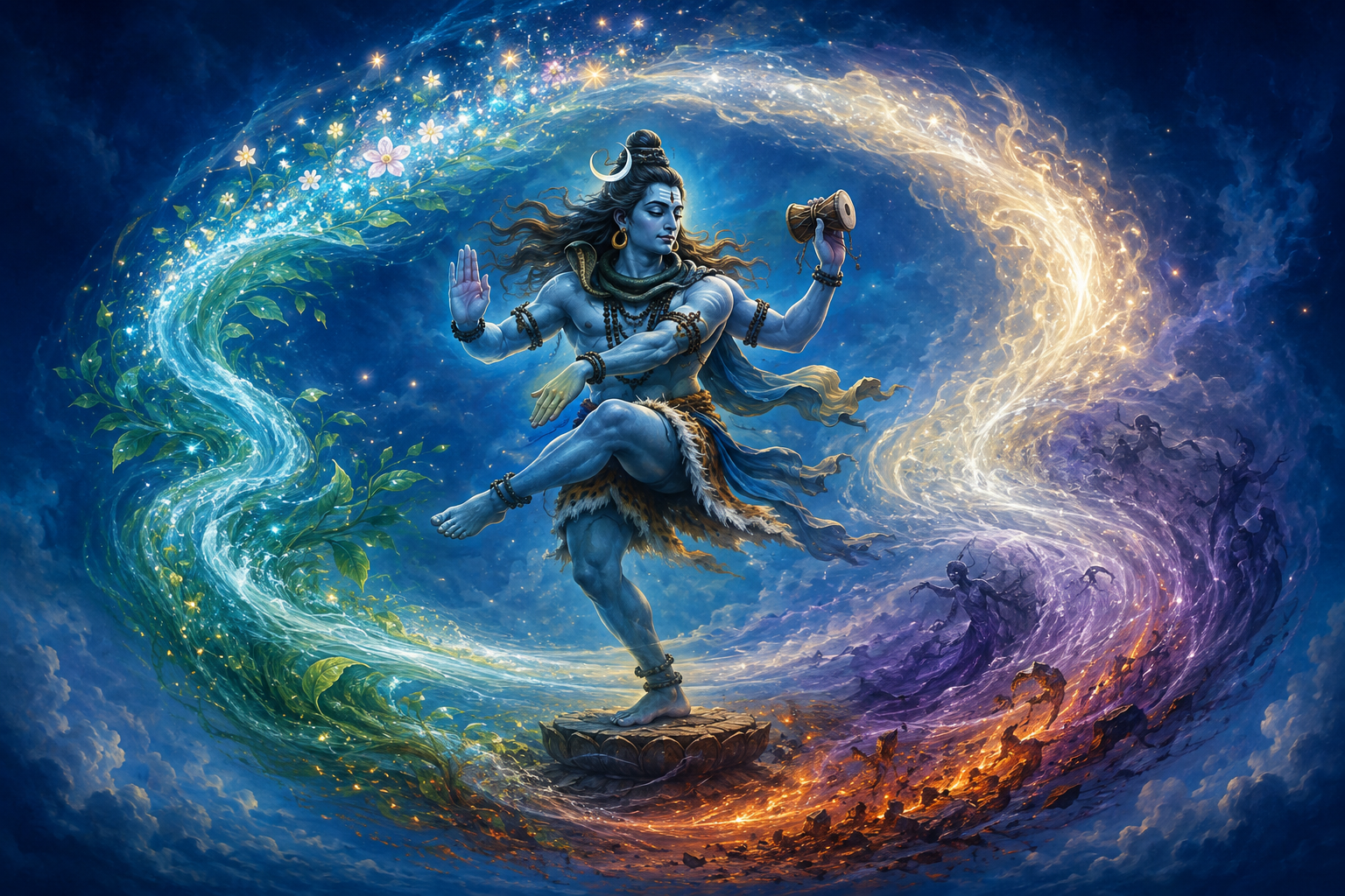 Shiva dances inside one spiral of light that changes continuously into stars, leaves, water, embers, shadow, and white-gold radiance.