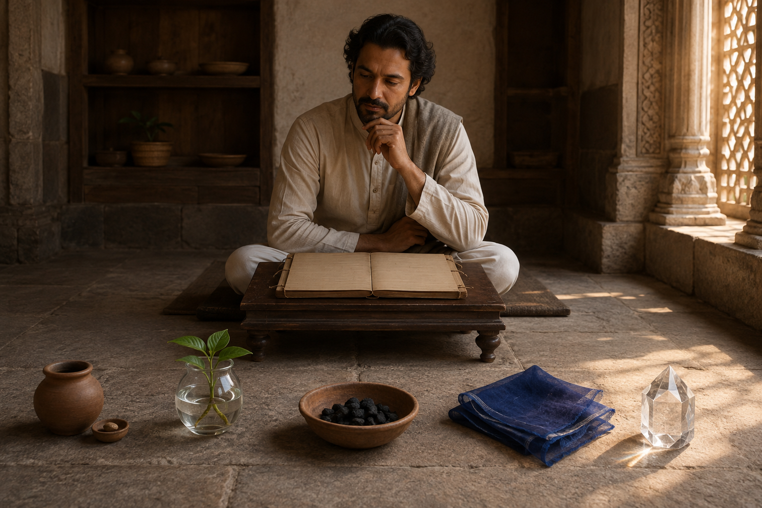 A seated practitioner studies five symbolic objects beside a blank open manuscript in a softly lit library alcove.