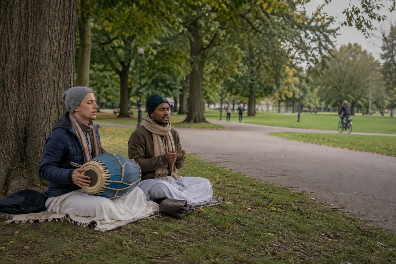 Two Krishna devotees chant with a small drum and hand cymbals beside a tree in a quiet Western city park.