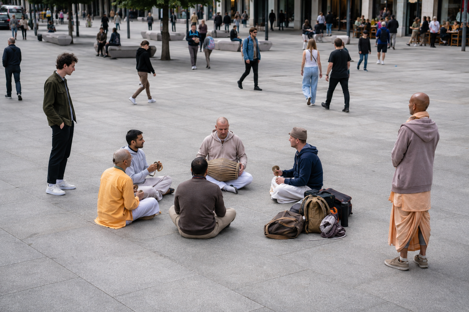 An organized group of Krishna devotees chants in a compact semicircle while keeping a Western city plaza's pedestrian routes and entrances clear.