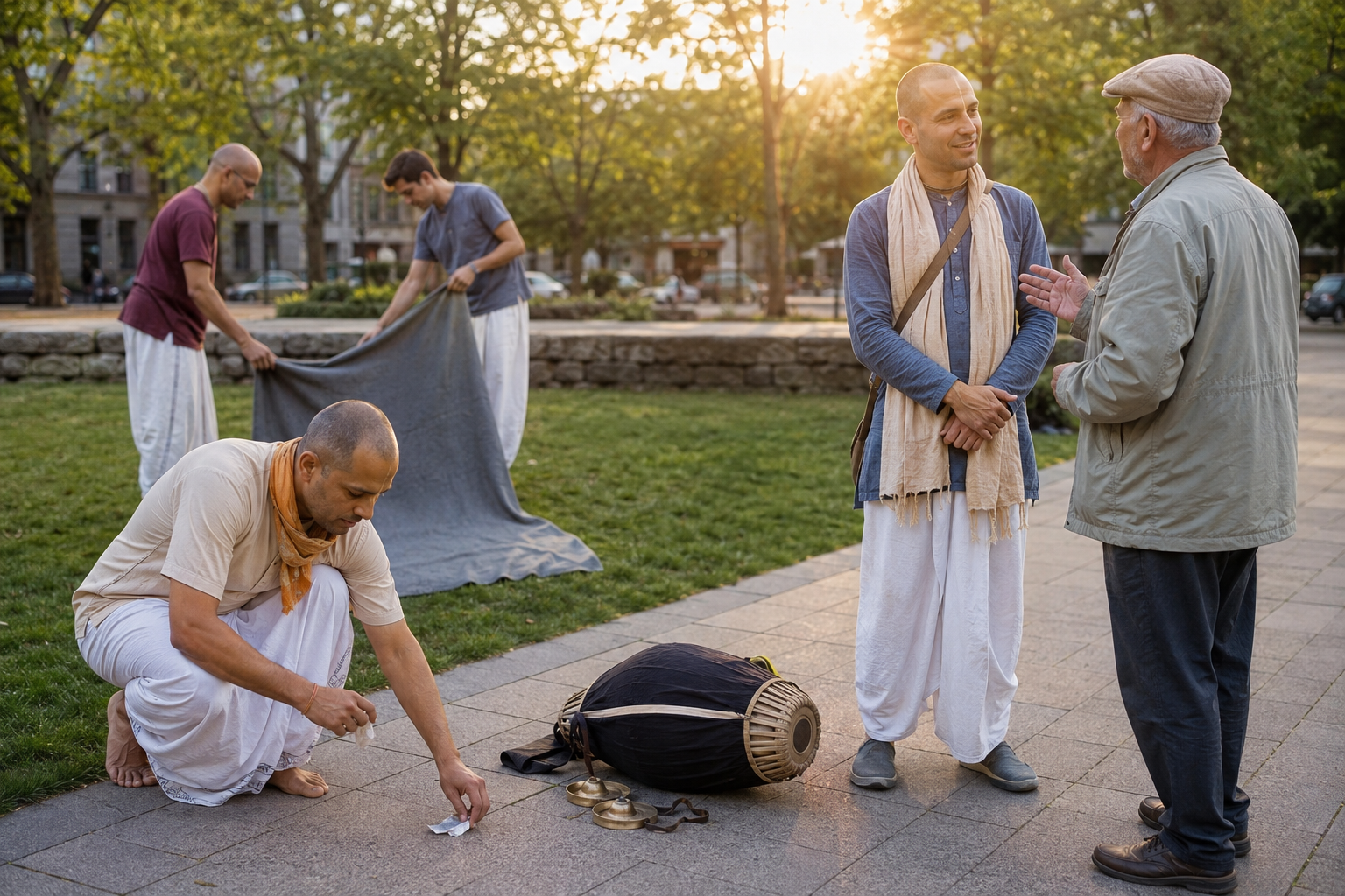 Krishna devotees clean their gathering area and speak respectfully with an older passerby after chanting in a Western urban park.