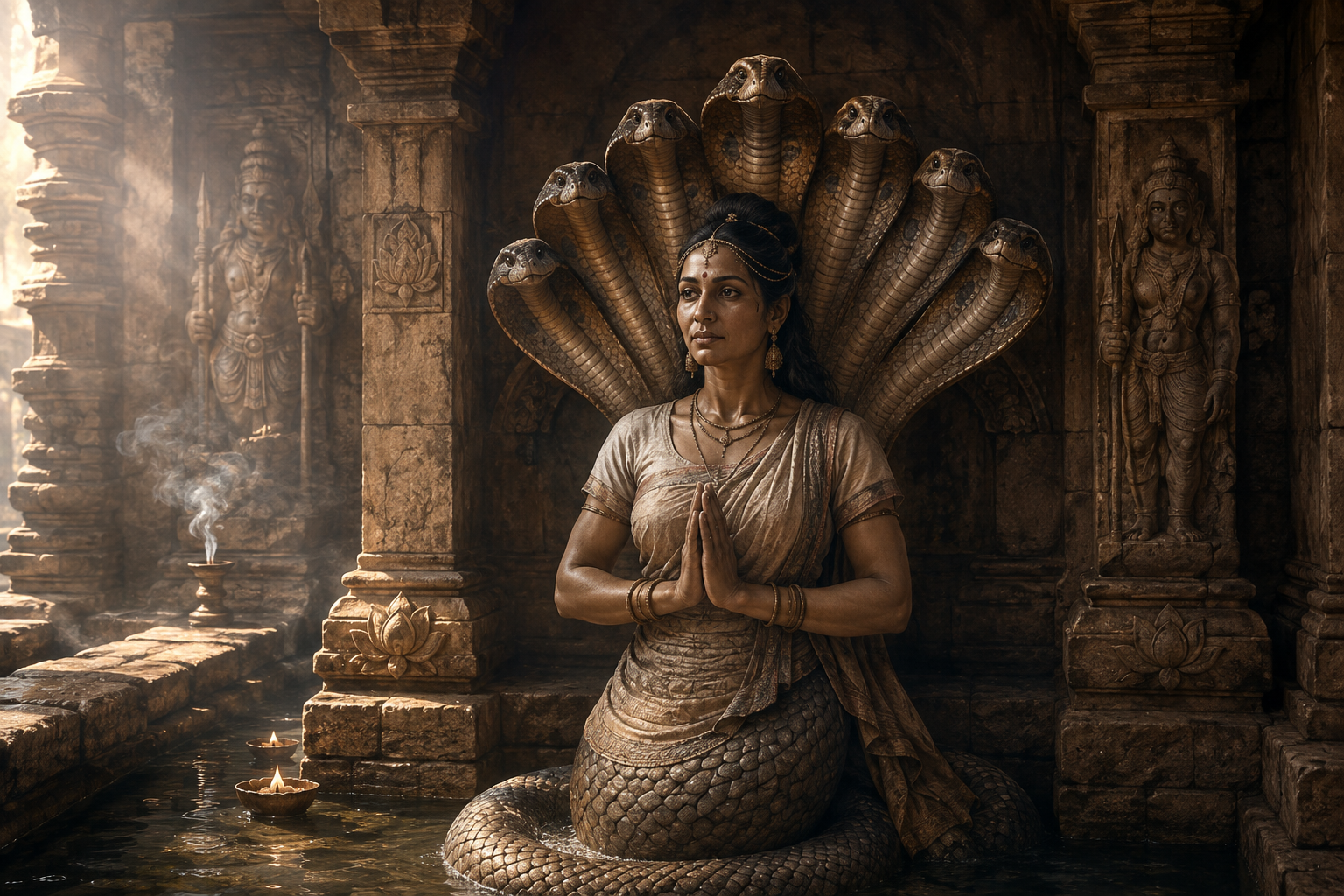 A cobra-hooded female serpent figure stands in a carved stone temple niche beside lotus and water motifs.