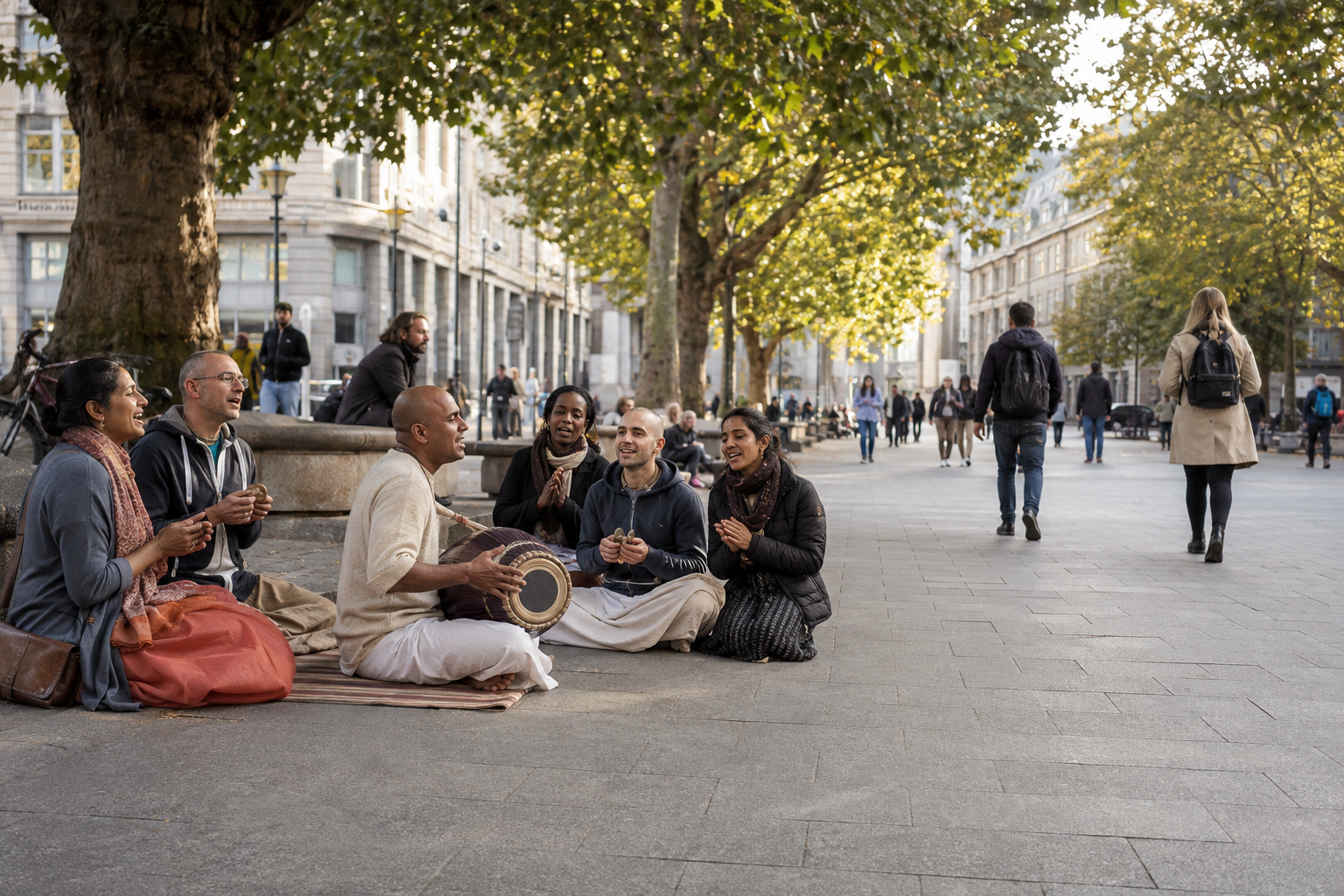 Devotees of different ages chant together at an evening Harinama gathering while playing drums and hand cymbals.