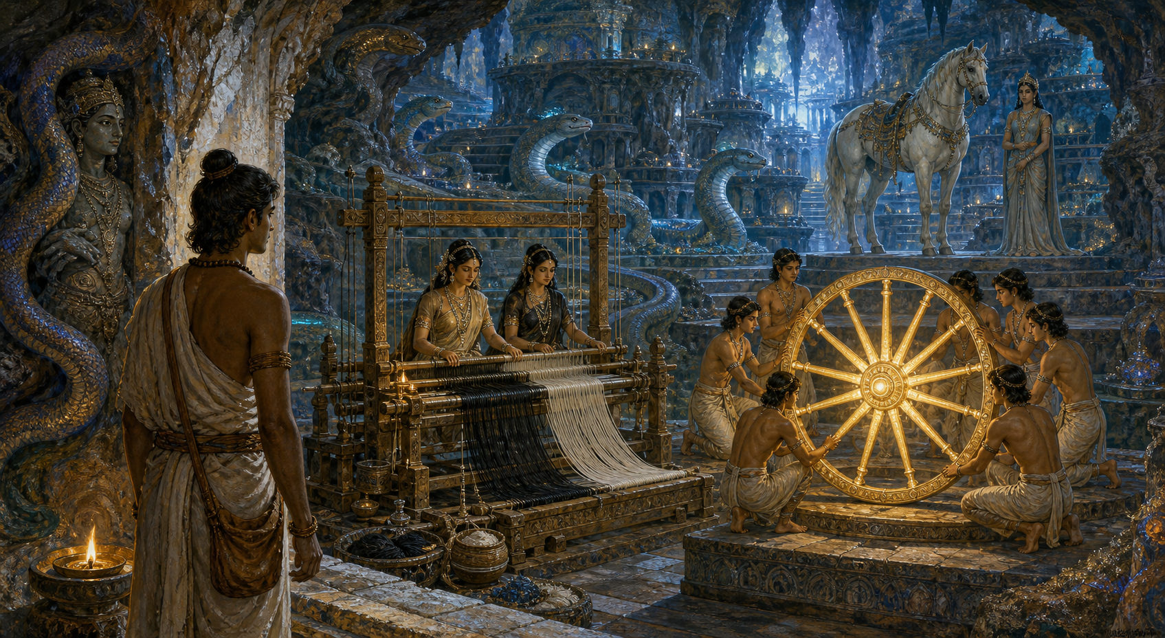 Utanka watches two women weave black and white threads while six figures turn a twelve-spoked wheel in the subterranean naga realm.