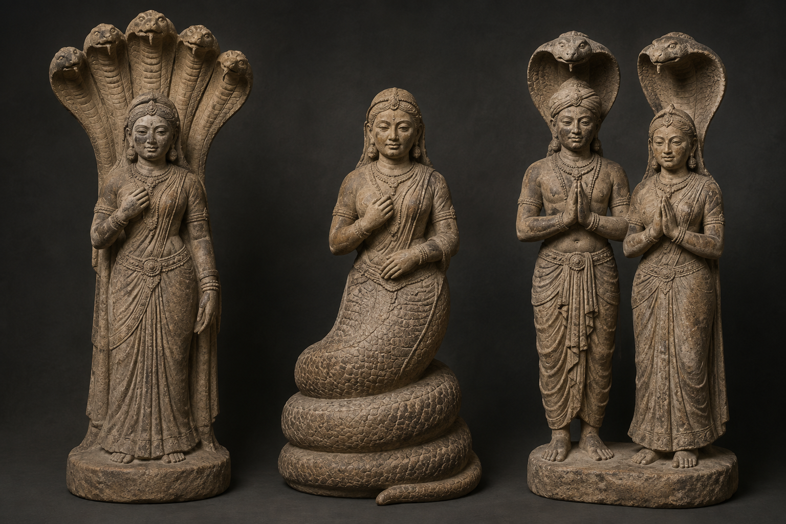 Three imagined stone sculptures show a cobra-hooded woman, a female human-serpent hybrid, and a paired male and female naga.