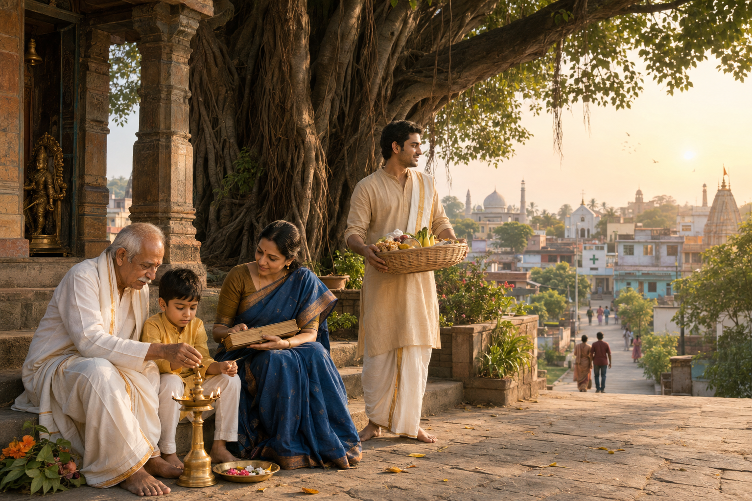 Three generations of an Indian family share a lamp-lighting tradition beneath a banyan tree in a Hindu temple courtyard overlooking a diverse town.