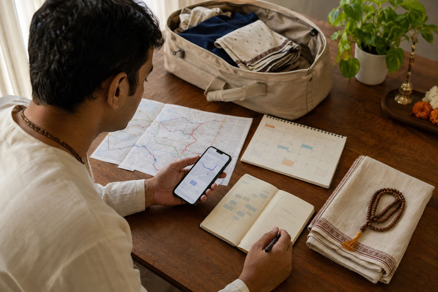 A traveler checks a calendar, map, notebook, and phone beside a small bag and prayer beads before attending a gathering.