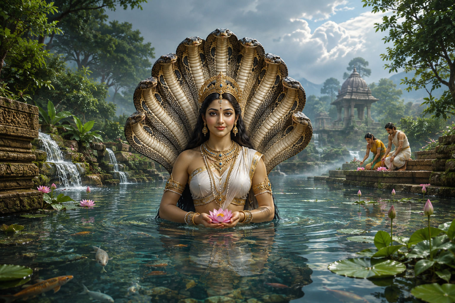 A serene female naga with a many-cobra hood rises from a lotus pond near a stone temple after rainfall.