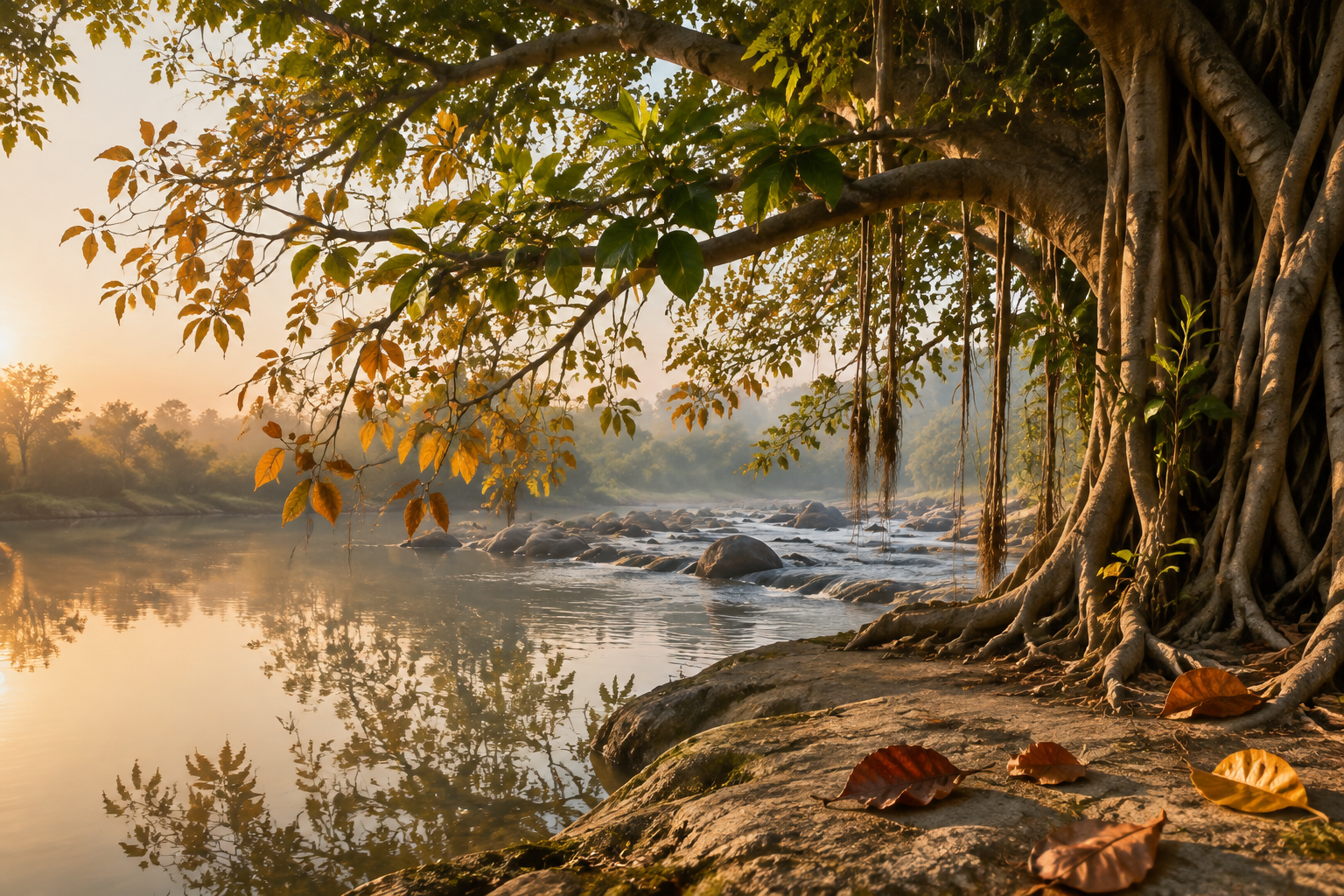 An old riverside tree holds buds, green leaves, amber leaves, and falling leaves as light and shadows cross the surrounding stones.