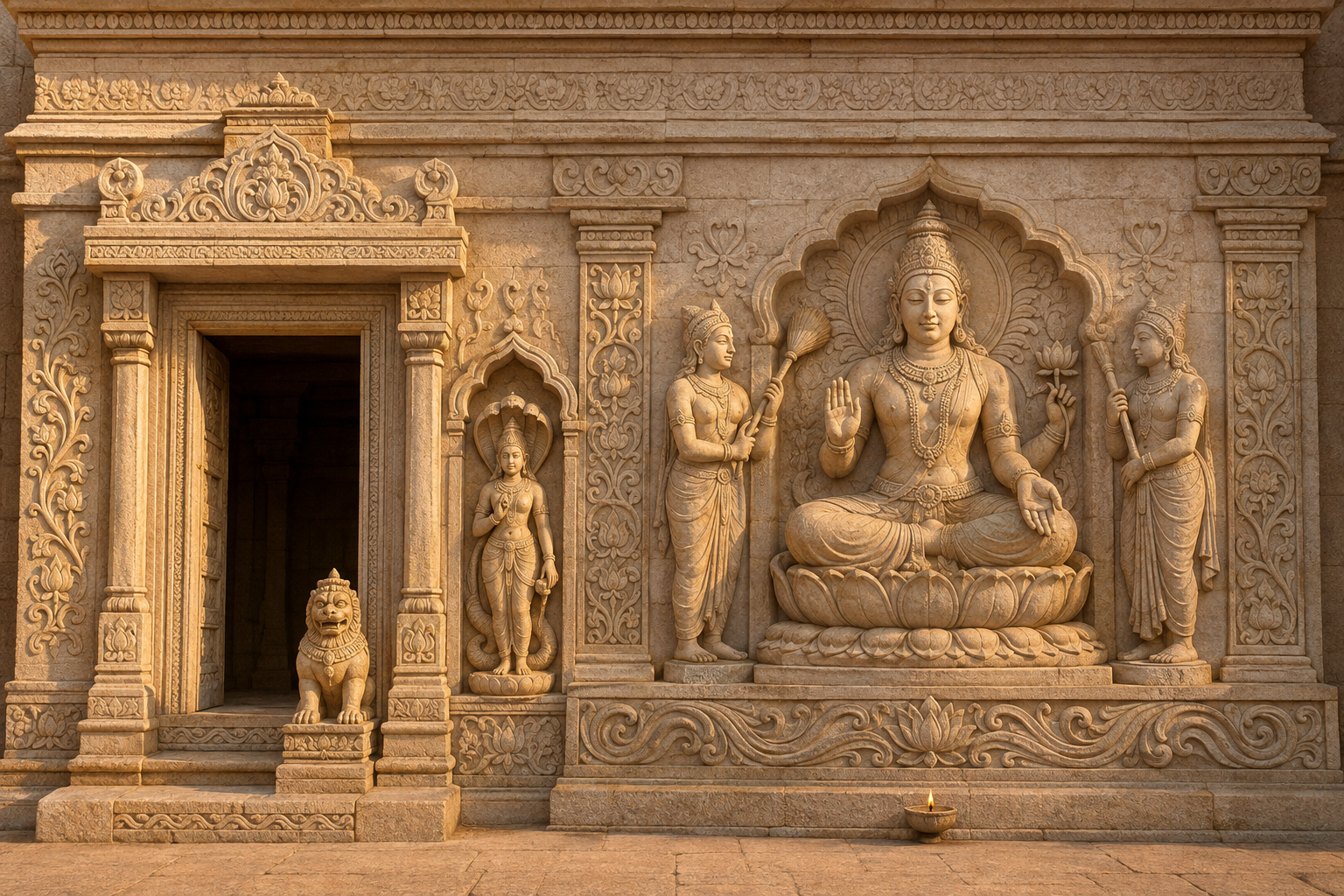 An imagined temple wall places a cobra-hooded female figure beside a doorway among larger sacred figures, attendants, water carvings, and an offering lamp.