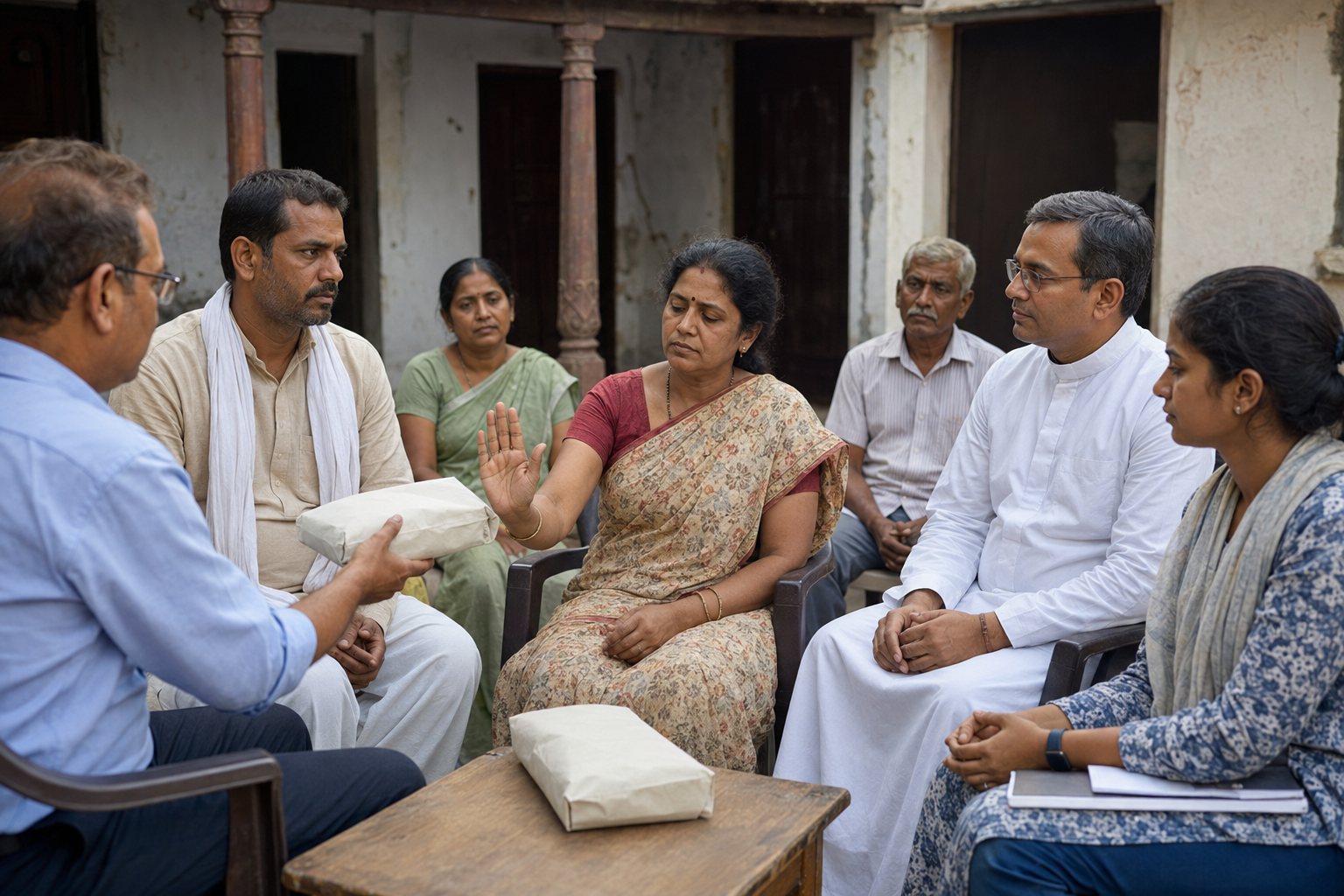 Indian residents, a social worker, and a clergy member take part in a calm community discussion beside unmarked food parcels.
