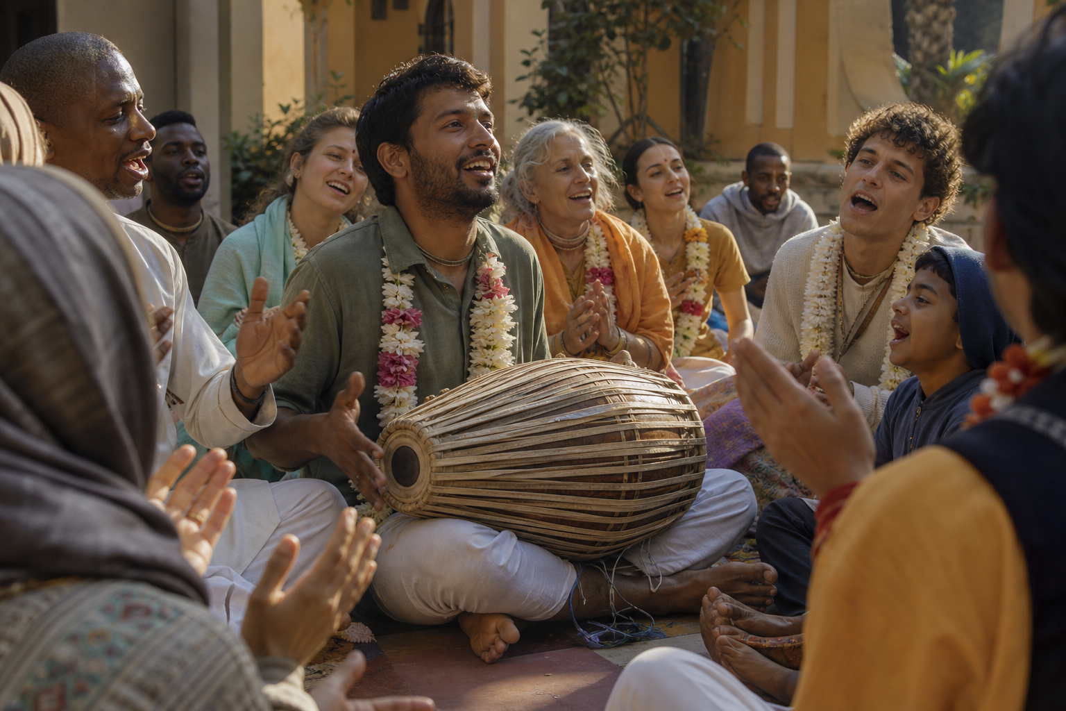 Participants clap, sing, and play a traditional drum together inside a close Harinama circle.