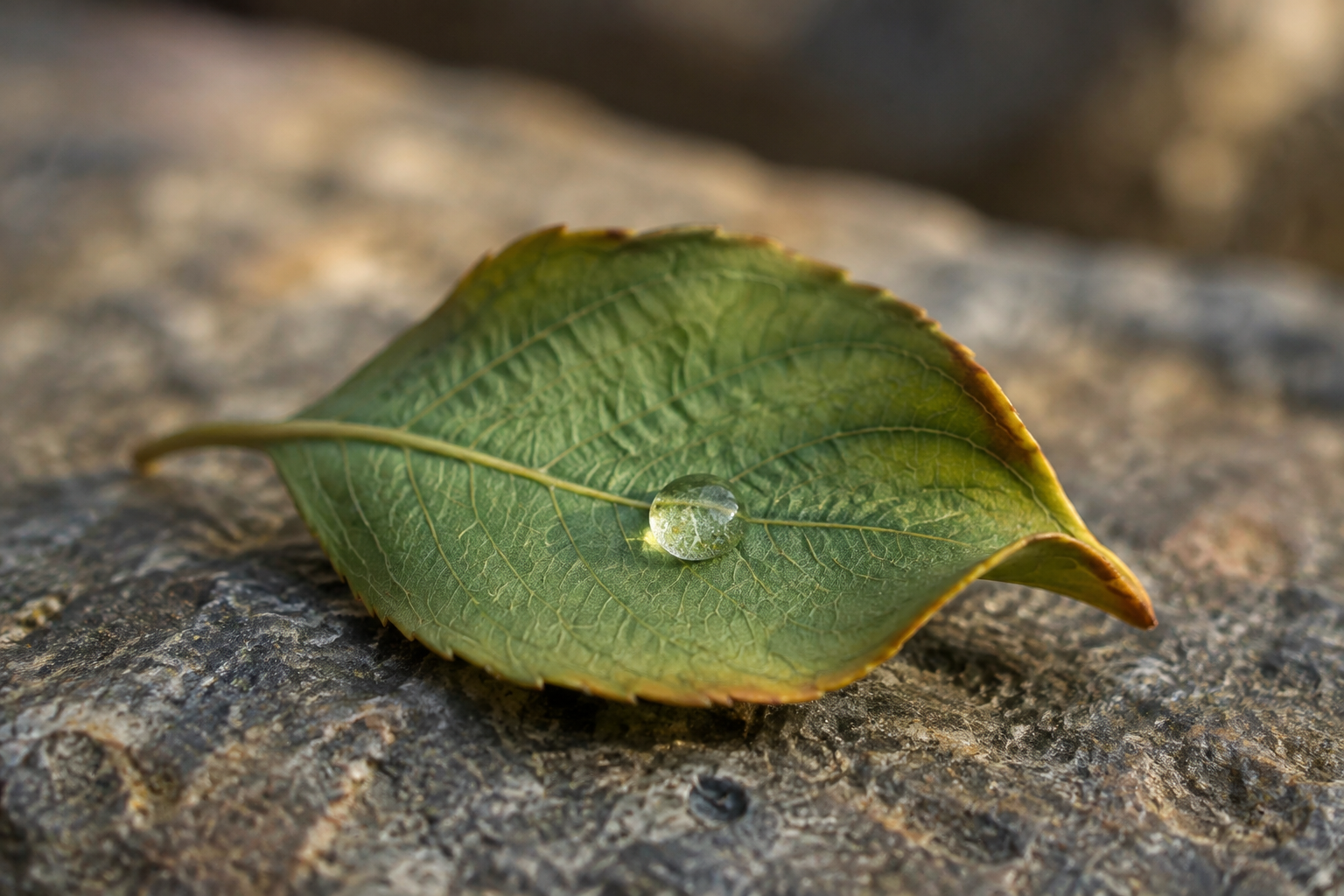A mostly green leaf with a narrow amber edge and a bead of dew rests on a weathered stone.