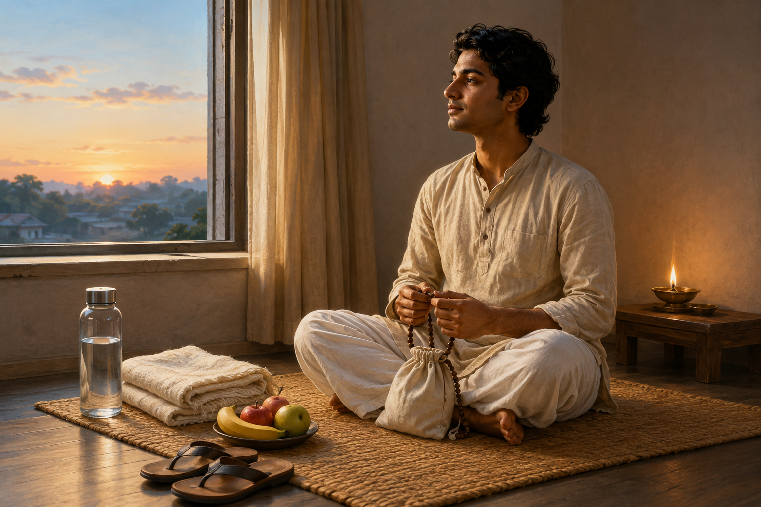 A devotee practices japa with prayer beads at dawn beside water, fruit, a shawl, and walking sandals.