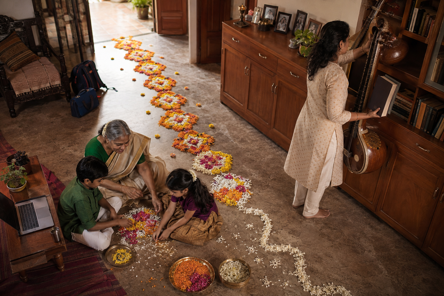 A grandmother and children continue an unfinished flower-petal floor pattern while musical instruments and unmarked books sit nearby in a family home.