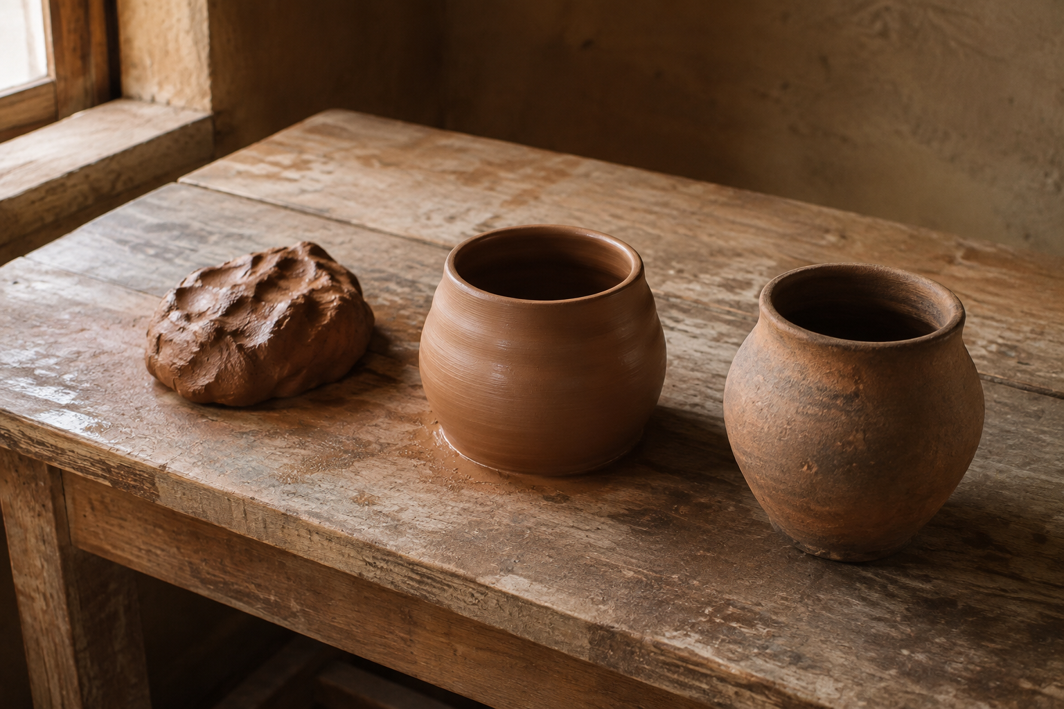 Raw clay, a damp shaped pot, and a fired earthen vessel sit together on a wooden artisan's bench.