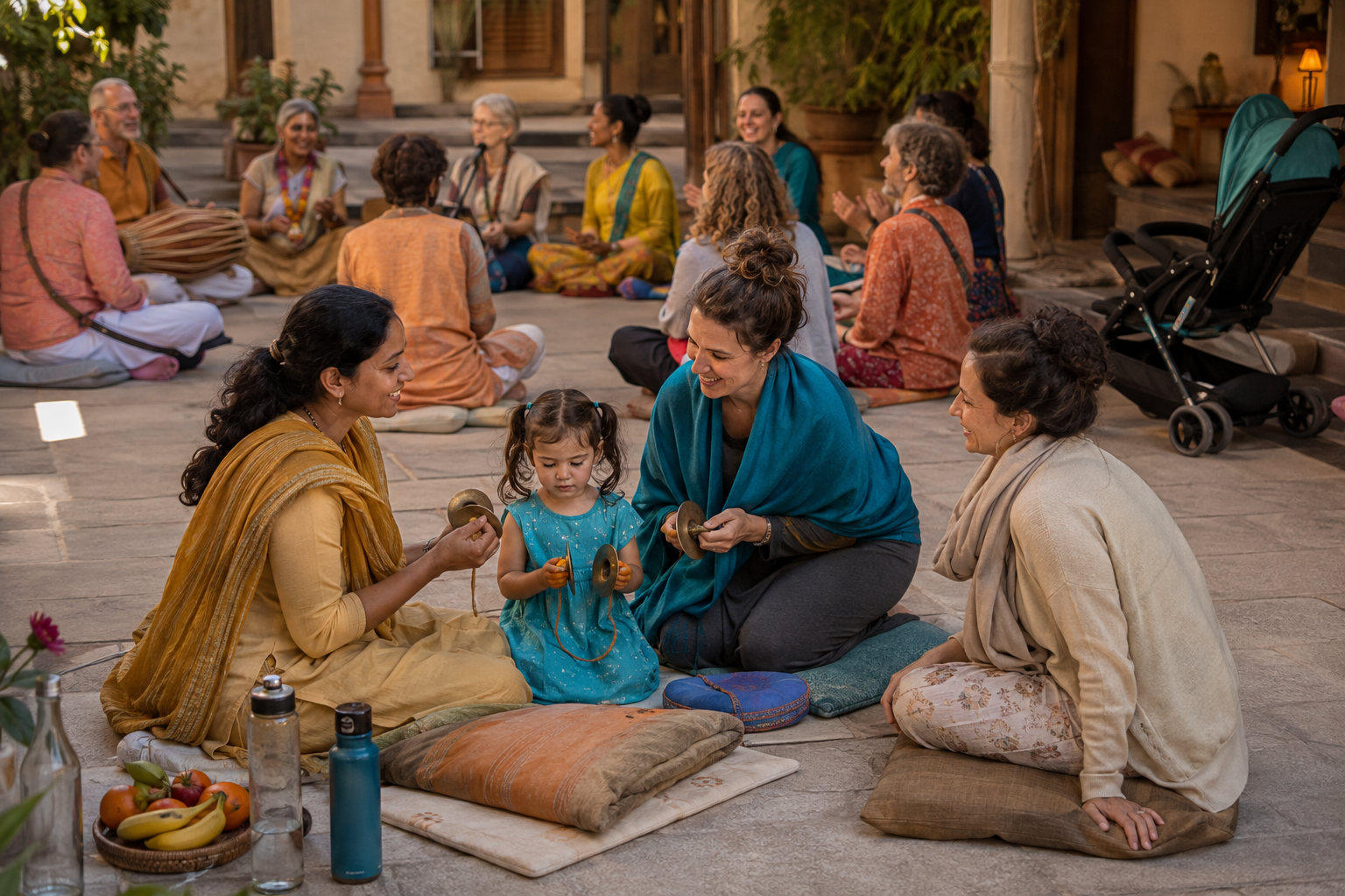 An adult shows a child and a newcomer how to use hand cymbals at a calm, family-friendly Harinama gathering.