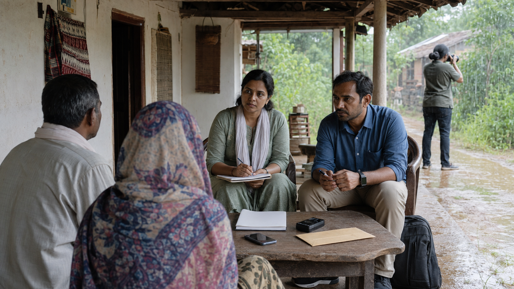 Independent fact-finders listen to an Indian family on a veranda beside a recorder, blank notebook, phone, and sealed envelope.