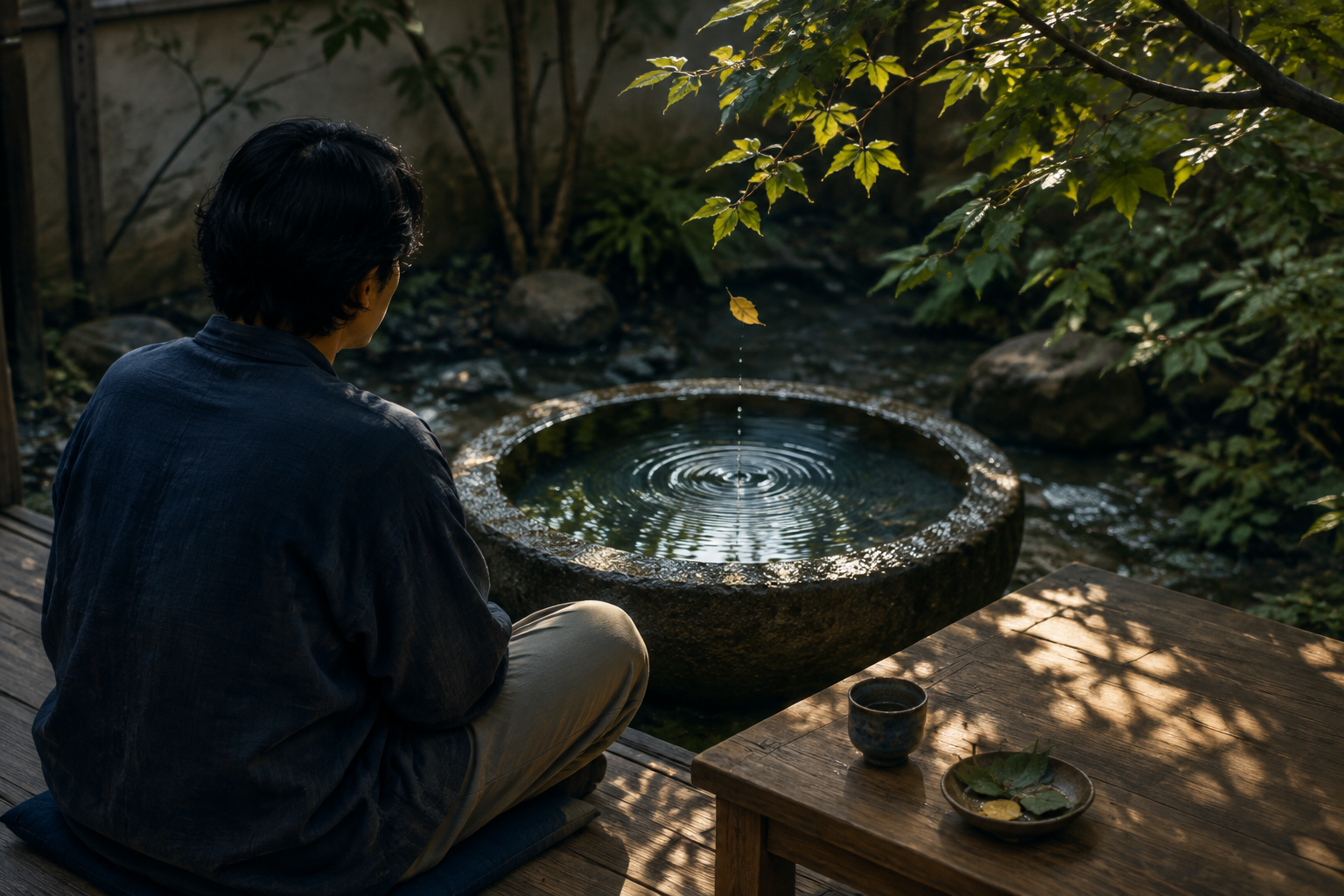 A seated person watches ripples spread across a stone water basin in a sunlit garden courtyard.