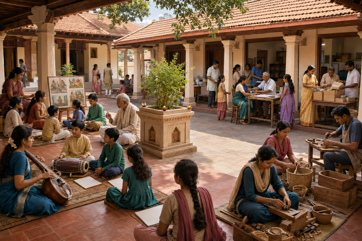 Children, elders, and young professionals learn and provide health, food, and vocational services in a temple-adjacent community center.