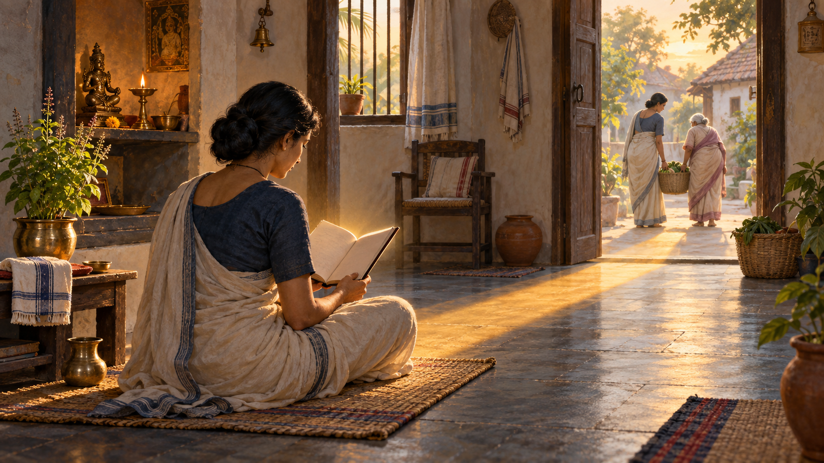 An Indian practitioner studies beside an oil lamp as a path of morning light leads toward a doorway where a neighbor receives help.