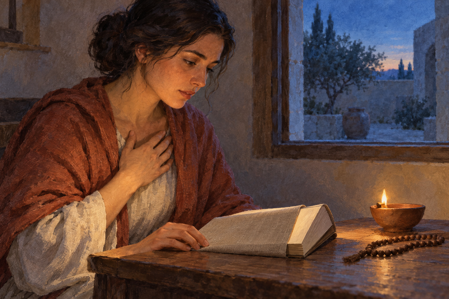 A thoughtful reader sits at a low desk with one hand over the heart beside a small open sacred book and clay lamp.